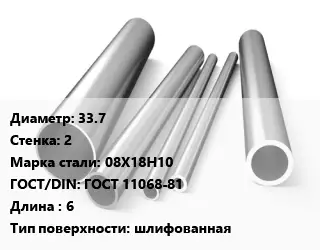 Труба нержавеющая 33.7х2 мм Сталь 08Х18Н10 ГОСТ: ГОСТ 11068-81 L=6 шлифованная